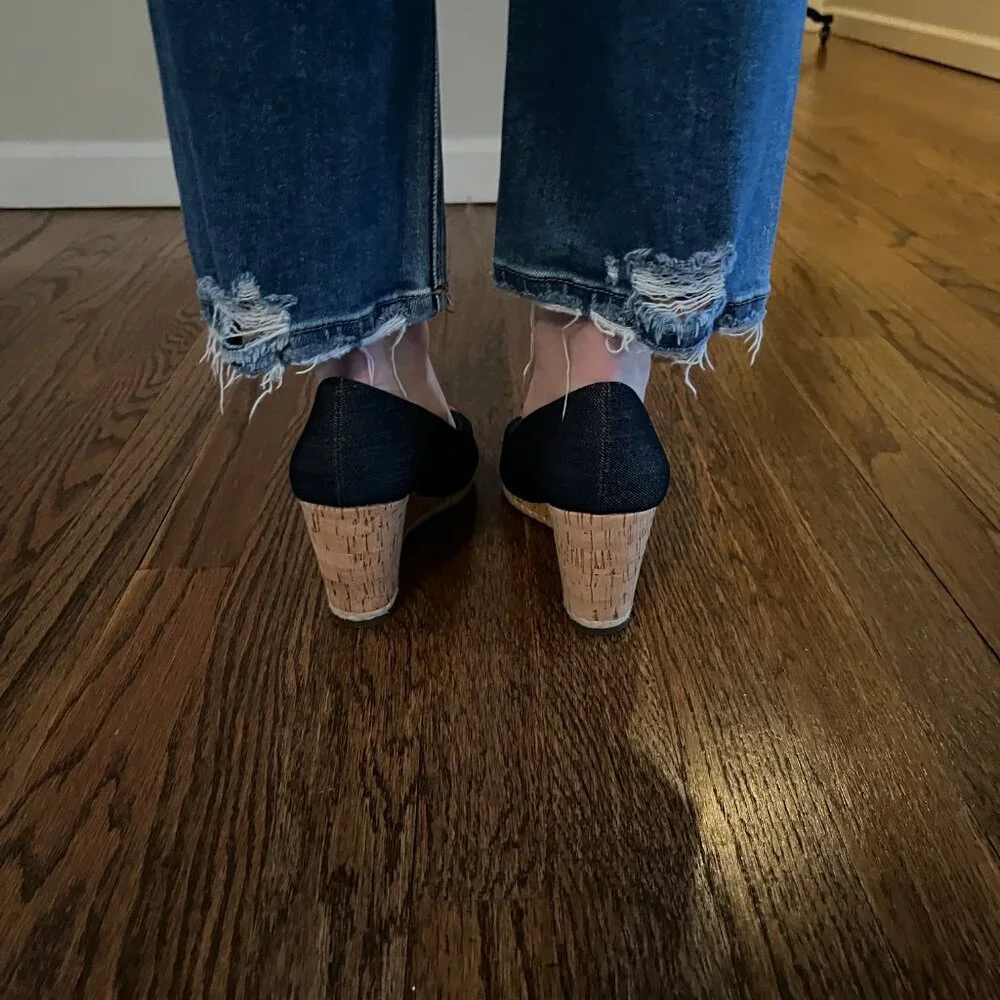 Kelly & Katie Cork Wedge Peep-toe Pumps in Dk Blue Denim Coastal Chic Y2K 8.5